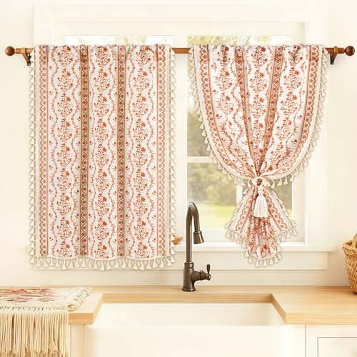 Image of Yinhua Boho Kitchen Curtains 36 Inch Length Vintage Linen Cafe Curtains Light Filtering Bohemian Floral Tier Rod Pocket Farmhouse Rustic Tassel Small Drapes with Tiebacks, 2 Panels, White Orange