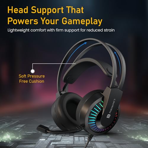 Image of Portronics RAVN Premium Wired Over Ear Gaming Headphone with Boom Mic, Soft Head Support, RGB LED Lights, 40mm Dynamic Driver, 1.5M Cable Length, Lightweight, 3.5mm + USB A Connector (Black)