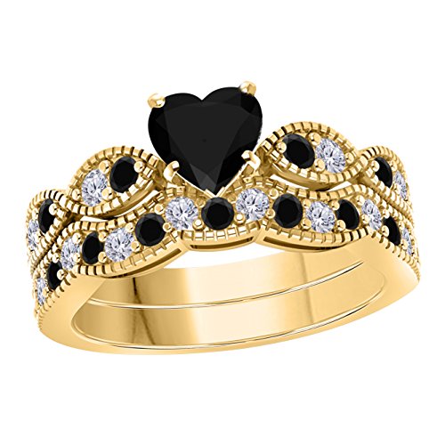 DS Jewels Women's 14k Gold Plated Alloy White/Yellow/Rose/Black 6MM Heart Cut Created Black CZ & Cubic Zirconia Milgrain Weave Ring Wedding Band Engagement Ring Bridal Sets Sizes 4-11