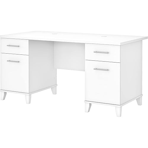 Bush Home 60-inch Home Office Desk with Drawers, Large Computer Table with Storage, Transitional Style, Somerset Collection, White