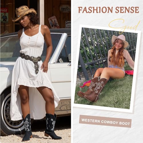 Jeossy Women's Cowboy Mid Calf Boots with Embroidery Flower, Low Heel Western Cowgirl 9807 Boots2