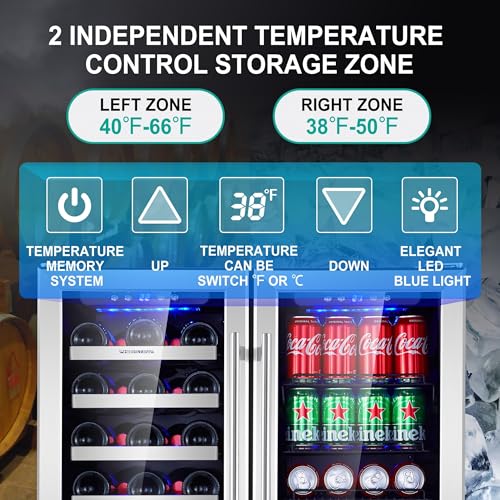 Image of Wine and Beverage Refrigerator, Freestanding Wine Cooler Refrigerator w / 18 Bottles and 70 Cans Capacity, Dual-Zone Wine Fridge