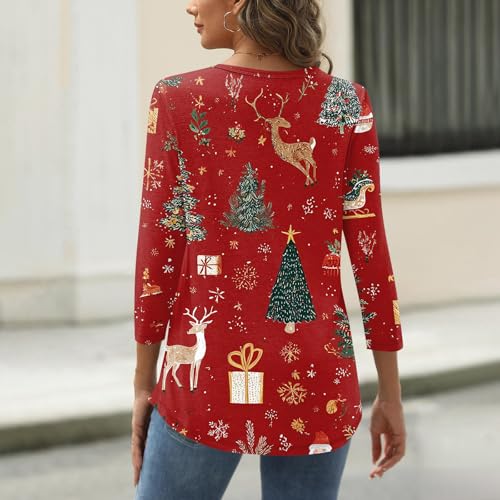 Image of Women Christmas Shirt 3 /4 Length Sleeve Henley Tops Xmas Outfits
