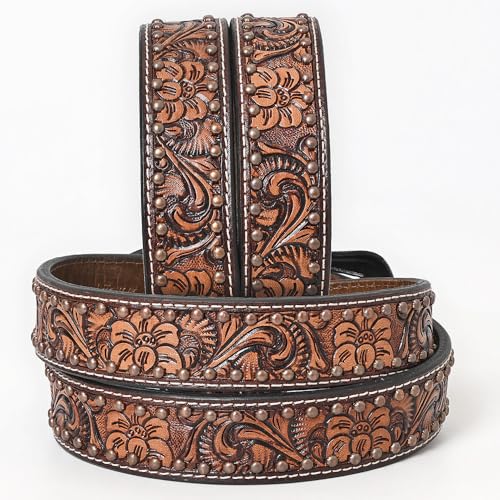 Brown Floral Hand Tooled Fashion Premium Leather Belt Unisex Western with Removable Buckle2