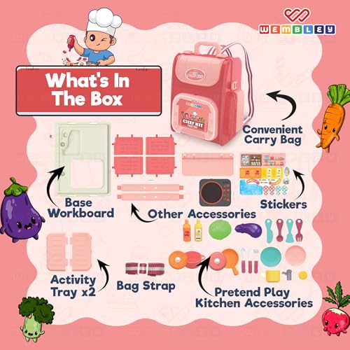 Image of Wembley 2-in-1 Kids Kitchen Set | Cooking Pretend Play Toy with 37 Pieces | Portable School Bag Style Kitchen Playset for Girls & Boys Age 2-7 | Role Play Cooking Game | Birthday Gift for Kids