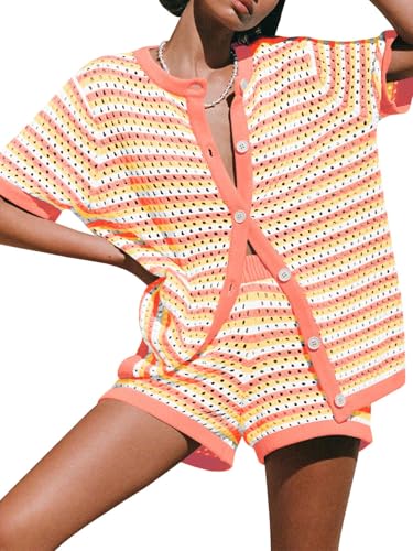 Image of Saodimallsu Womens Crochet Swimsuit Coverup Summer Beach Sets Striped Knit Short Sleeve Button Shirts 2 Piece Short Set