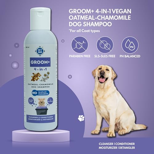 Image of PET360 Groom+ 4-in-1 Oatmeal Chamomile Dog Shampoo for All Coat Type|Cleanse, Detangle & Moisturize for Smooth & Itch-Free Hair with Aloevera|Sulphate & Parabens Free-200 Milliliter