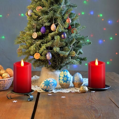 Image of 2PCS, 3 x 5 inches Flameless Candle with Remote Control, 3D Flickering Wick, Real Wax Pillar LED Candles, Battery Operated Candles,with Timer,for Holiday Home Decor, Red