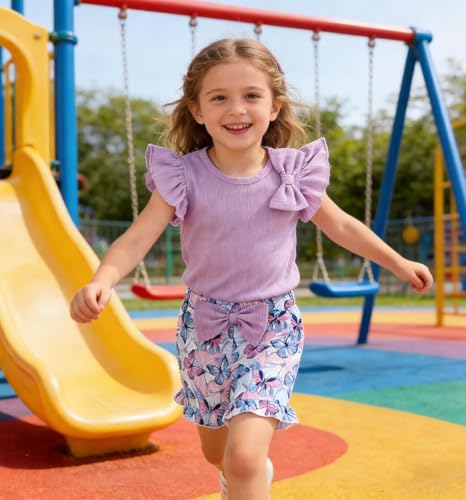 Image of Barlver Girls 2 Piece Short Set Baby Girl Summer Clothes Ruffle Sleeve T-Shirt and Bow Knot Shorts Toddler Girl Outfit Set