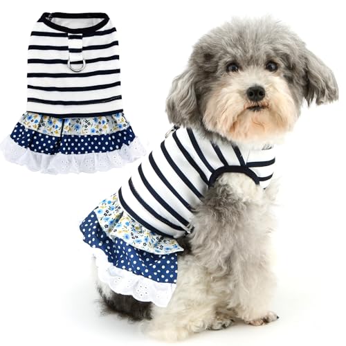 ZUNEA 犬服 犬用 ワンピース 夏 小型犬 女の子 おしゃれ ボーダー柄 袖無し ドレス スカート Dリングが付い 可愛い 花/水玉柄 お姫様 柔らかい 通気性 ベスト ワンピース 超小型犬 チワワ トイプードル 服 ドッグウェア洋服 子犬 猫服 お散