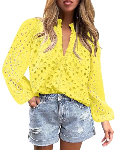 BETTE BOUTIK Women's Long Short Sleeve Tops 2025 Dressy Casual Button Hollow Out Lace Embroidered Blouses Shirts