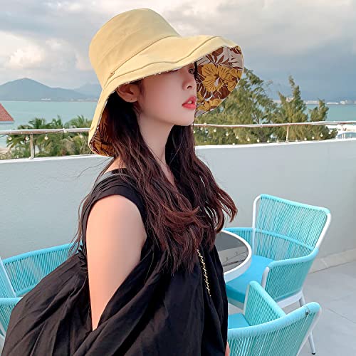 Huamulan Women Wide Brim Summer Sun Hat Wired Edge Floral Beach Bucket Hats Reversible Foldable Fishing Travel Uv Protection Lady Hat Windproof Chin Cord String #TOP4