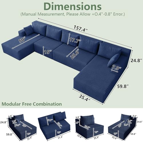 Image of 160 inch Modular Sectional Sleeper Sofa, Boneless Cloud Couch for Living Room, U Shaped 3 Seat Sofa with Deep Seat, Free Combination, Couch in a Box, No Assembly Required (Blue)
