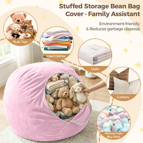 Image of Stuffed Animal Storage Bean Bag Chair Cover for Kids (No Filler), Soft Comfy Velvet Beanbag Chair Cover Machine Washable, Kids Bean Bag Chair with Handle for Living Room Bedroom Dorm, Pink
