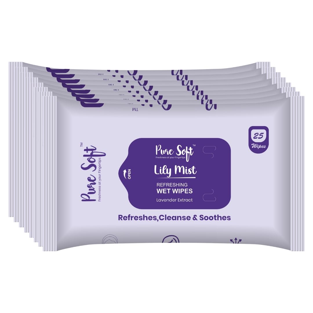Pure Soft Lily Mist Refreshing Wet Wipes 25N Each - Pack of 8 | Wet Wipes for Face with Lavender Oil & Calendula Extract | Makeup Remover Wipes | Hydrating, Refreshing, Soothing | Paraben & Alcohol Free-image-23