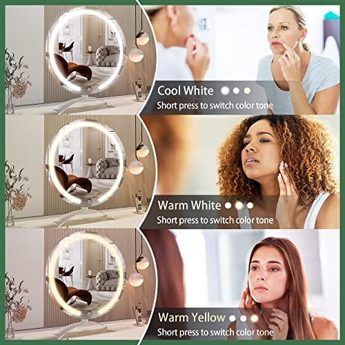 Hasipu Vanity 16" Led Lighted Makeup Mirror With Lights, Smart Touch Control 3 Colors Dimmable Round Mirror Angle Adjustable White #TOP2