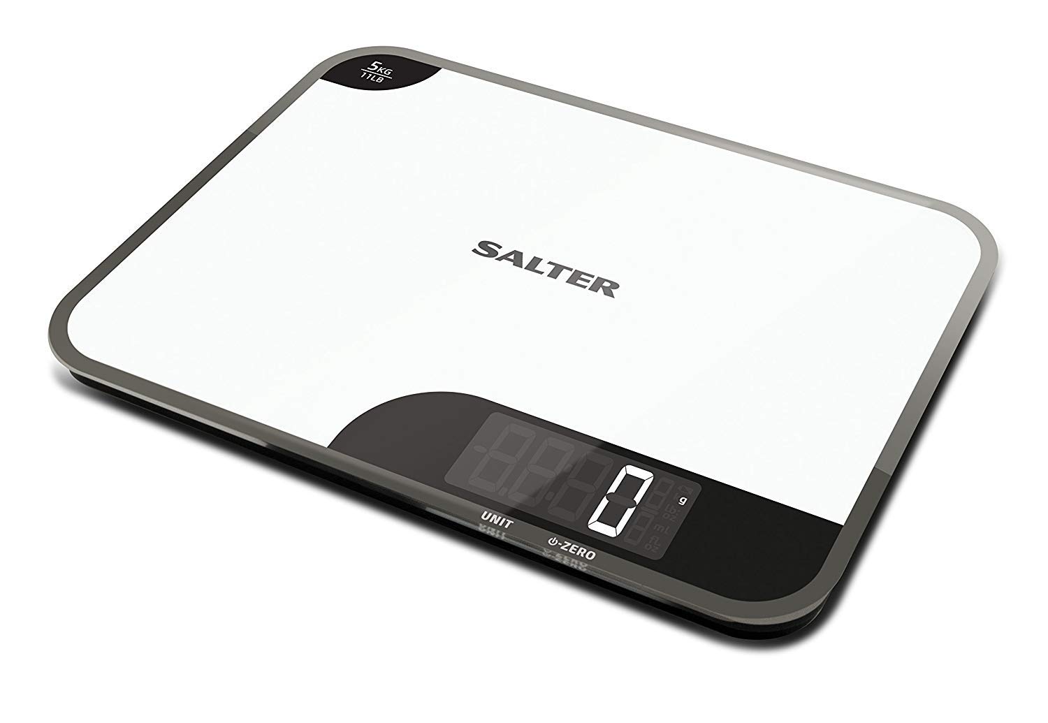 Salter1064 WHDR Digital Kitchen Scale - 5kg Capacity, Easy Read Display, Add &Weigh/Tare Function, Measure Liquids in ml/fl.oz, Glass Platform For Baking & Cooking, Batteries Included, 17 x 23 x 1cm