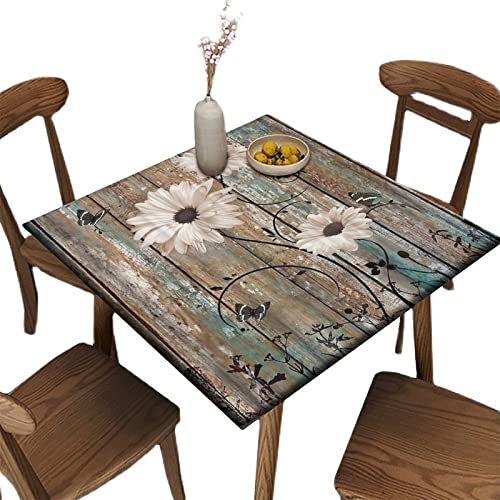 Square Fitted Tablecloth with Elastic, Waterproof Farmhouse Rustic Tablecloths for Outdoor Camping Picnic, Daisy Print Fabric Wipeable Table Cloths Fits Tables up to 42