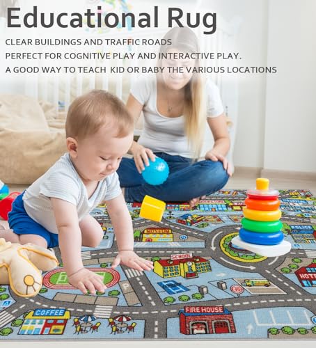 Capslpad Autoteppich Kinder 100x160cm rutschfest Kinderteppich Stadtplan Interaktive Spielteppich Waschbar Kreativ Pädagogisch Spielmatte für Kinder Teenager Kinderzimmer Spielzimmer Dekor,Hellblau