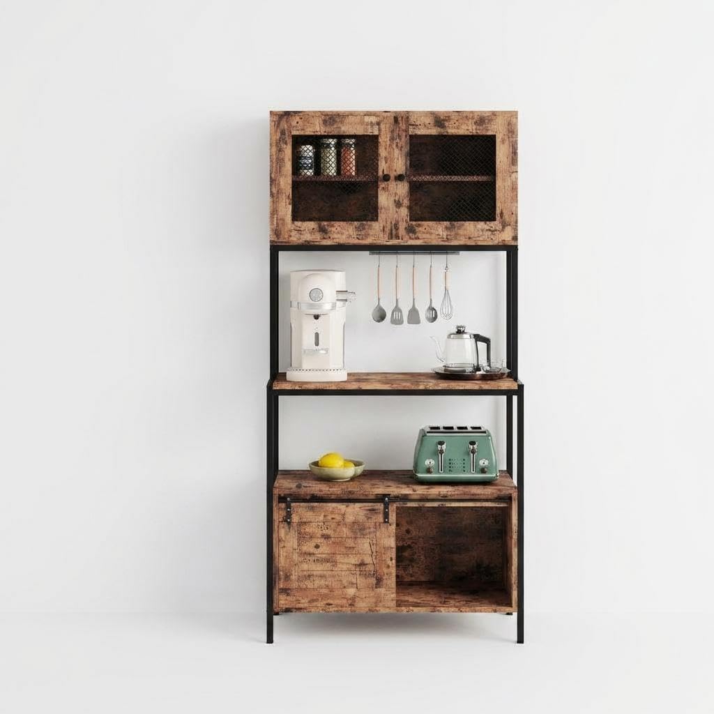 Industrial Bakers Rack with Charging Station, 63.4 Inch 5-Tier Kitchen Coffee Station with Cabinet, Farmhouse Coffee Bar Utility Shelf with 10 Hooks, Microwave Stand for Dining Room, Rustic Brown