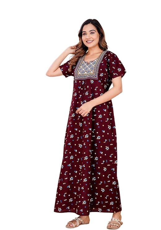 kbnbj Yukata Women’s Cotton Nighty – Jaipuri Rajasthani Printed Maxi Dress with Embroidery & Pockets-picture-15