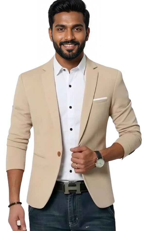 Men's Slim Fit Blazer, Beige, Single Button, Notch Lapel, Casual Formal Style