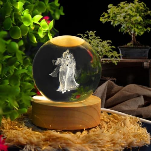 Image of 3D Radha Krishna Flute Crystal Ball LED Night Lamp, Spiritual Engraved Design with Wooden Base, Decorative Night Light for Home Mandir, Gift (Radha Krishna)