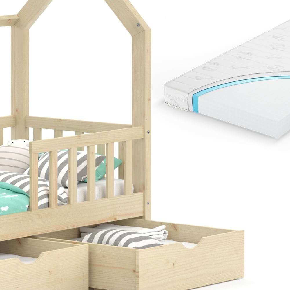 Vicco Vitalispa Letto montessori bambini Wiki 70x140 cm Legno naturale con cassetti e materasso