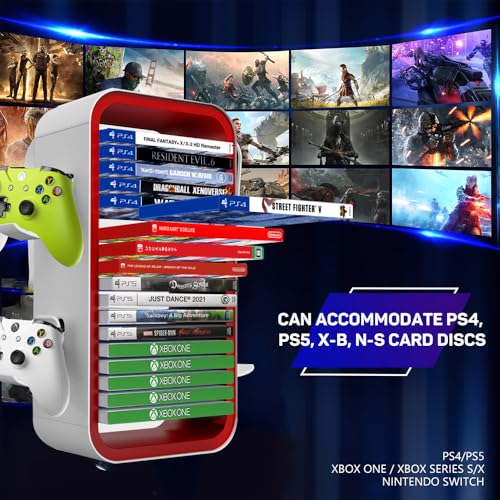 Image of Game Storage Tower Compatible with PS5 / Xbox Series S & X /Switch, Universal Game Ray Disks Organizer, Stores 18 Game, with 4 Controller Holders, Video Game Organizer, Red