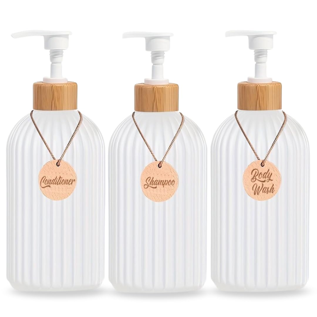 Dispensador Jabon Baño | Set de 3 Botes para Gel Champu y Acondicionador 500ML con 3 Colgantes de bambú | Este Dosificador Jabon Baño Color Blanco es Elegante y Realzará el Estilo de tu hogar