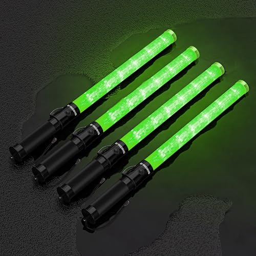 Image of E-riding 4 Pack Traffic Wand, 21 Inch Traffic Control Wand with 3 Flashing Modes & Side Clip, LED Safety Baton for Traffic Control, Parking, Aircraft, Car Directing (Green)