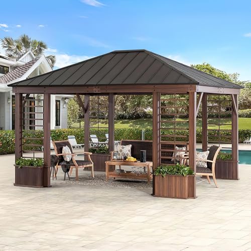 SUNJOY 13 x 15 ft. Hardtop Gazebo Outdoor Aluminum Framed Black Steel Roof Gazebo Backyard with Planters and Ceiling Hook
