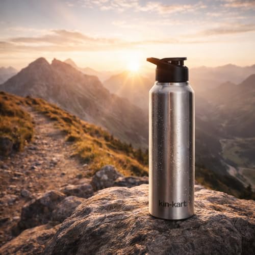 Image of Kin-Kart Water Bottles 1000 ml Stainless Steel Water Bottle 1 Litre | Eco friendly Steel BPA Free Leakproof Water Bottles for School, Office, Home, Gym (Asian, SILVER)