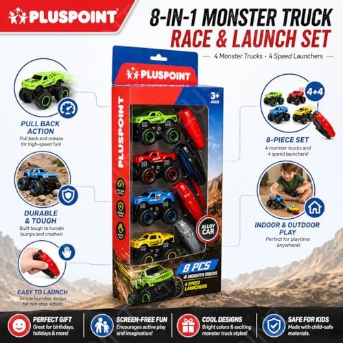 Image of PLUSPOINT Monster Truck Toys for Kids - 8 Pack Big Wheel Off-Road Die-Cast Metal Trucks with 4 Launchers, Free Wheel Cars for Boys Girls Ages 3-7, Birthday Gift Set