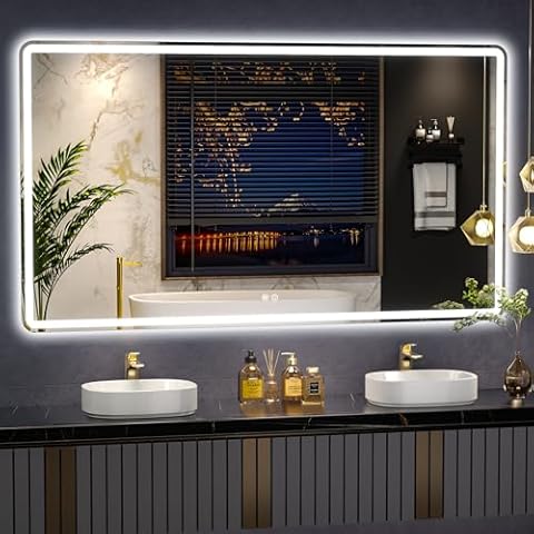 Vosuja 60x30inch LED Bathroom Mirror Rounded Corner Rectangle Frameless, 3 Colors Lighted & Stepless Dimmable Vanity-Mirror-with-Lights, Anti-Fog, Horizontal/Vertical Hanging Wall Mirror Cover