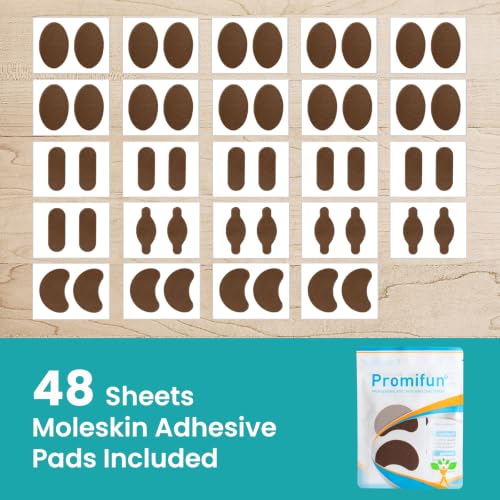 Image of Promifun Moleskin Strips with Adhesive Blister Prevention Pads 48Pcs,Brown | Mole Skin Tape Stickers for Feet Heel Shoes Padding- 4 Pre-Cut Shapes Blisert Bandage for Feet,Travel Essentials