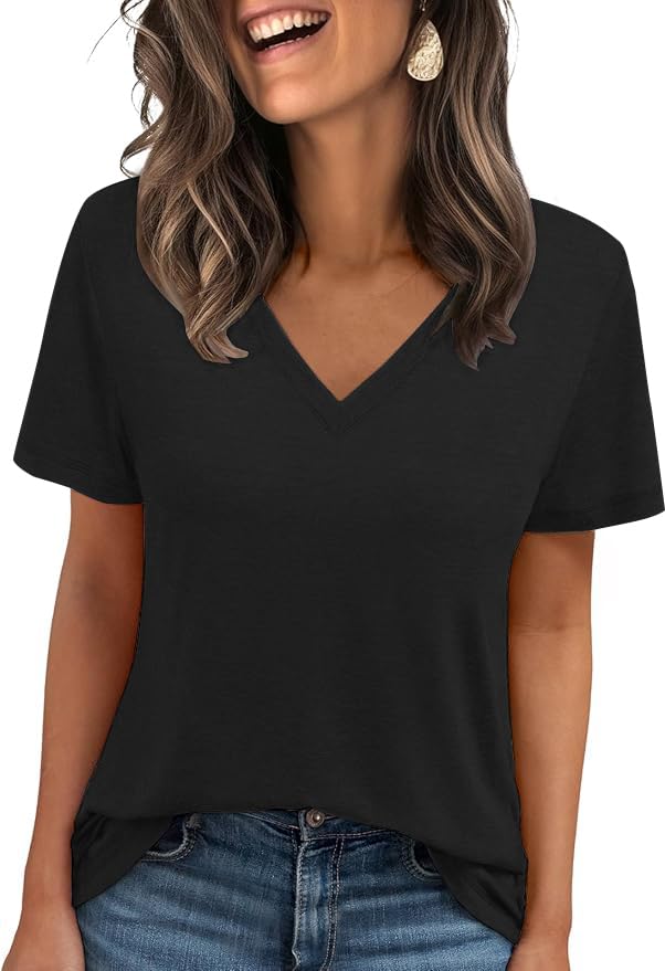 Cuptacc Tshirt Damen Sommer Basic Shirt Oberteile Damen V-Ausschnitt Kurzarm Einfarbig Casual Top Schwarz XXL 50-52