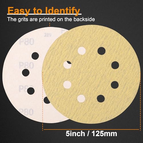 Image of 100PCS 5 Inch Sanding Discs, 8 Hole Hook and Loop 80 Grit Sandpaper, Round Sand Paper for Random Orbital Sander