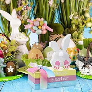 Ferraycle 4 pcs easter table decor wooden sign happy easter farmhouse wooden block decorative book tiered tray easter decor rustic spring decoration for fireplace living roomtail style  urban country home decor