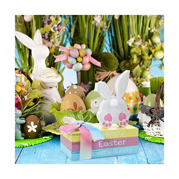 Ferraycle 4 pcs easter table decor wooden sign happy easter farmhouse wooden block decorative book tiered tray easter decor rustic spring decoration for fireplace living roomtail style  urban country home decor