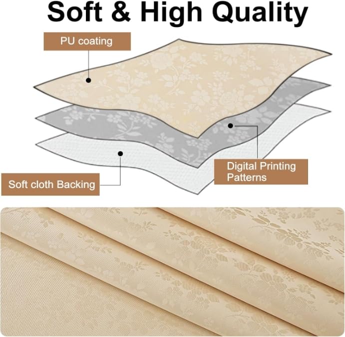 Image of Smiry Waterproof Heavy Duty Vinyl Fitted Tablecloth for 48 inch-68 inch Oval Table | Elastic Plastic Table Cloth, Wipeable Washable Floral Patio Table Cover for Picnic, Kitchen and Dining, Beige