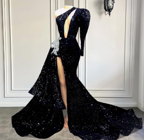Engerla Sequins High Split Mermaid Evening Dress One Sleeve Applique Bead Prom Gown Celebrity Dresses2