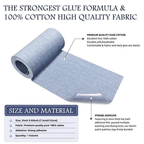 Image of KING MOUNTAIN Iron-on Repair Patch,3 inchx60 inch100% Cotton Denim Iron-on Repair Patch, Jeans and Clothing Repair and Decoration Kit (Light Blue)