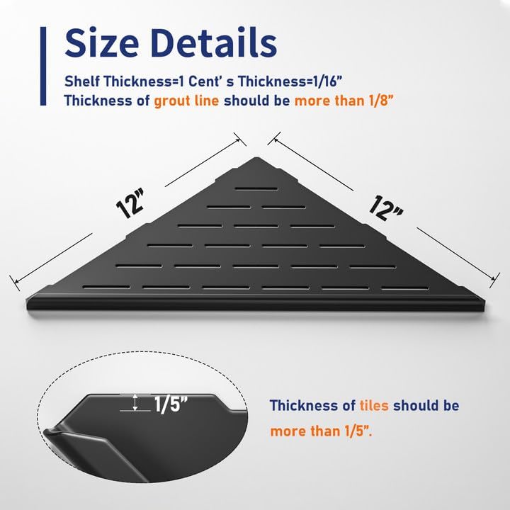 Miniatura 2 de Estante esquinero de ducha de 12 pulgadas, color negro mate con diseño de ranura de acero inoxidable 304, estantes esquineros empotrados, paquete de
