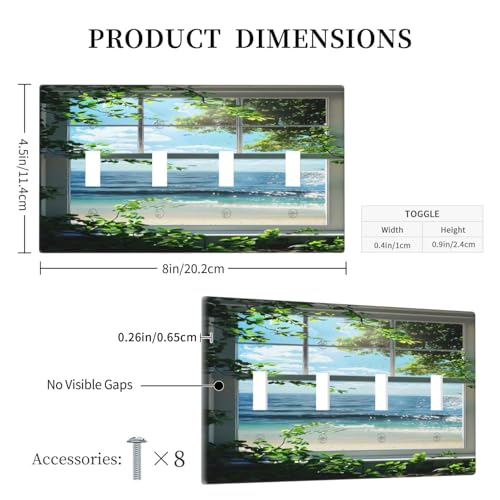 Decorative Switch Covers Plate Window Beach Seascape View Green Leaves 4 Gang Wall Plate Oversized Quad Toggle Light Switch Plate Jumbo Faceplate for Country Bedroom Home Decor
