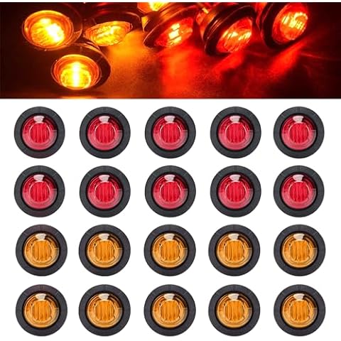 FXC 3/4" Round LED Side Marker Clearance Lights Front Rear Marker Indicators Tail Light Waterproof for Trailer Truck Car Bus Van Pickup RV ATV(10pcs Red & 10pcs Amber) Cover