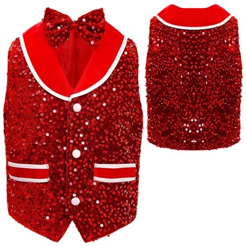 Unisex Kids Boys Girls Dance Party Shirt Sparkling Sequins Velvet Vest Buttons Irregular Hem Waistcoat with Bowtie4