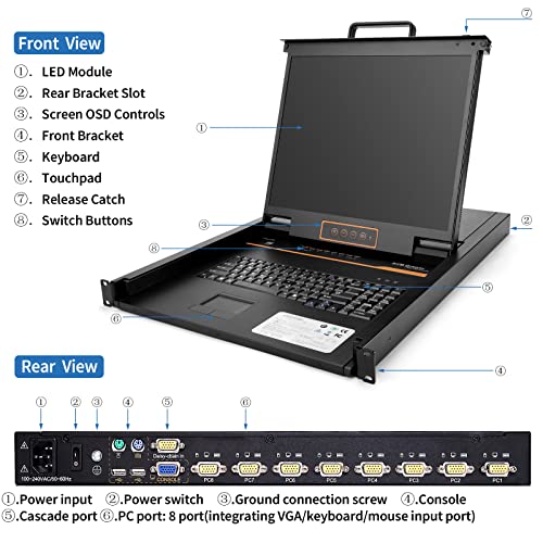 Image of 1U Rack Mount KVM Console Built-in 8 Port VGA KVM Switch, 19 inch Rackmount Monitor Keyboard Touchpad, OSD /Hotkey /Button Switch,1280X1024@60Hz 5:4 Ratio, Incl. Cables,Compatible with Windows,Linux,Mac,Sun