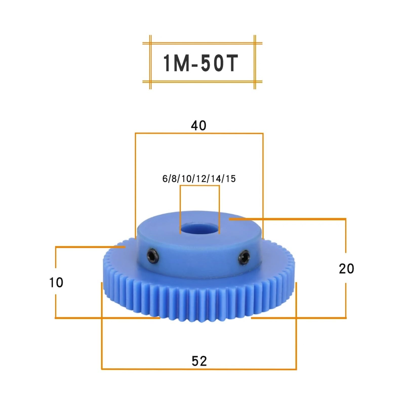 Bevel Gear Pinion Hardware Mechanical Plastic Gear 1M-50T Bore Size 6/8/10/12/14/15mm Teeth Pitch 3.14mm Teeth Height 10mm Blue Spur Gear Transmission Parts(14mm)