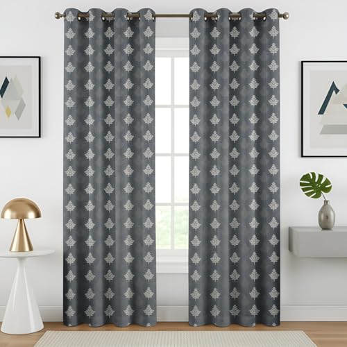 Image of Semi Room Darkening Curtains, Grey, Tree Print, 4x7 ft, Set of 2